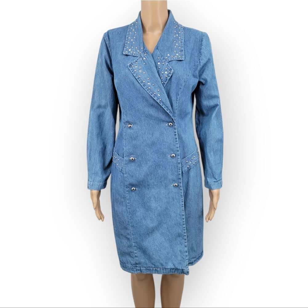 Studio Ease Vintage Light Blue Denim Long Sleeve Button-Front Studded Dress